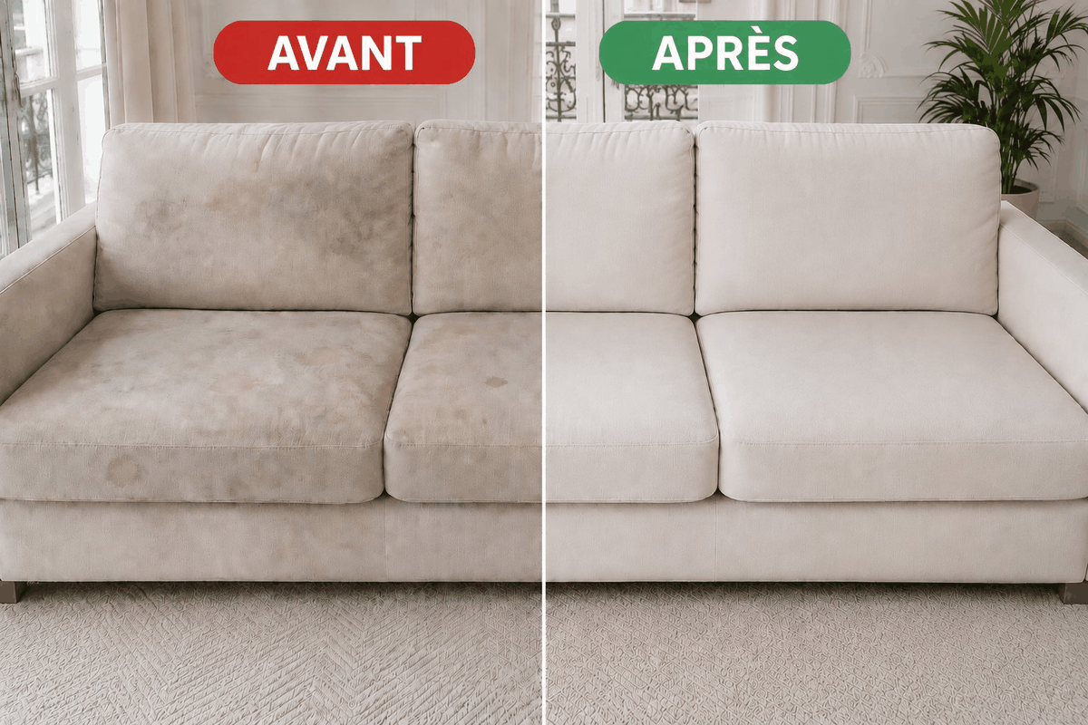 Canapé en velours avant et après un nettoyage à domicile, poil ravivé et sans auréole