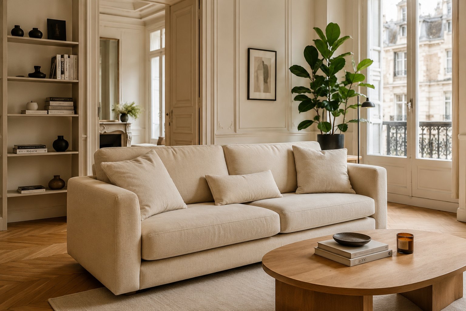 Canapé propre dans un salon parisien après nettoyage à domicile par Éclatys Paris