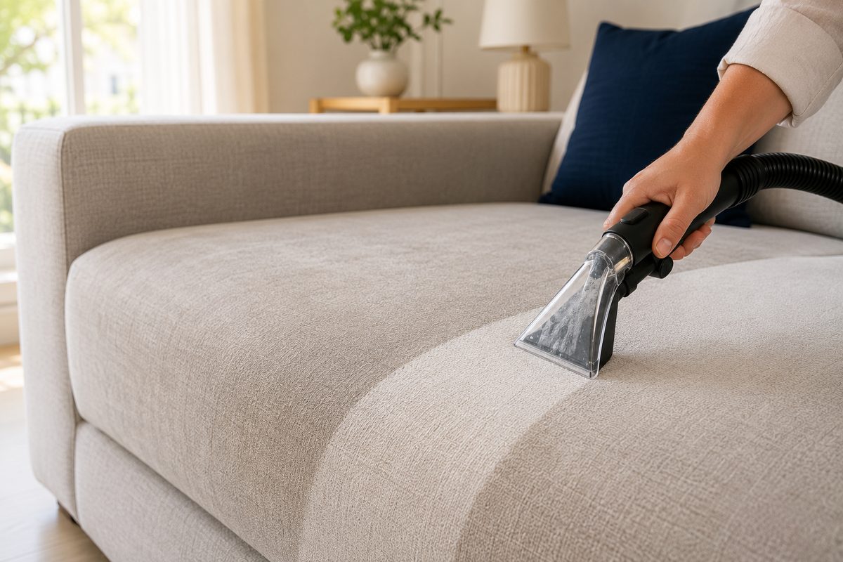 Nettoyage en place d'un canapé en tissu non déhoussable avec un linge à peine humide