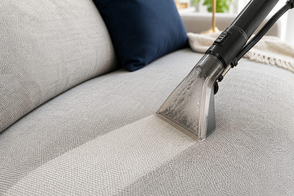 Nettoyage d'un canapé en tissu gris à l'aspirateur à embout textile