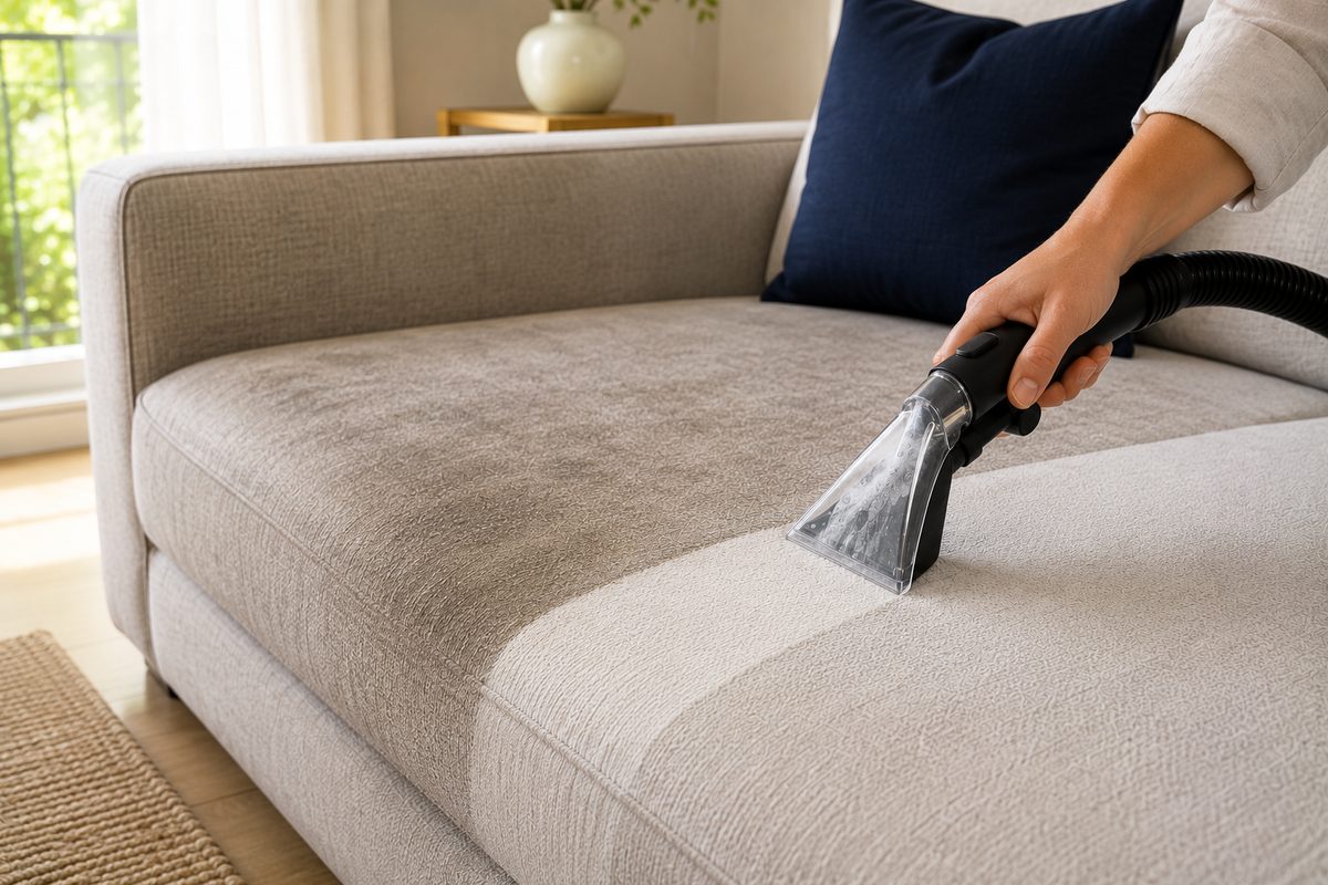 Nettoyage en profondeur d'un canapé en tissu très sale à l'aspirateur à embout textile