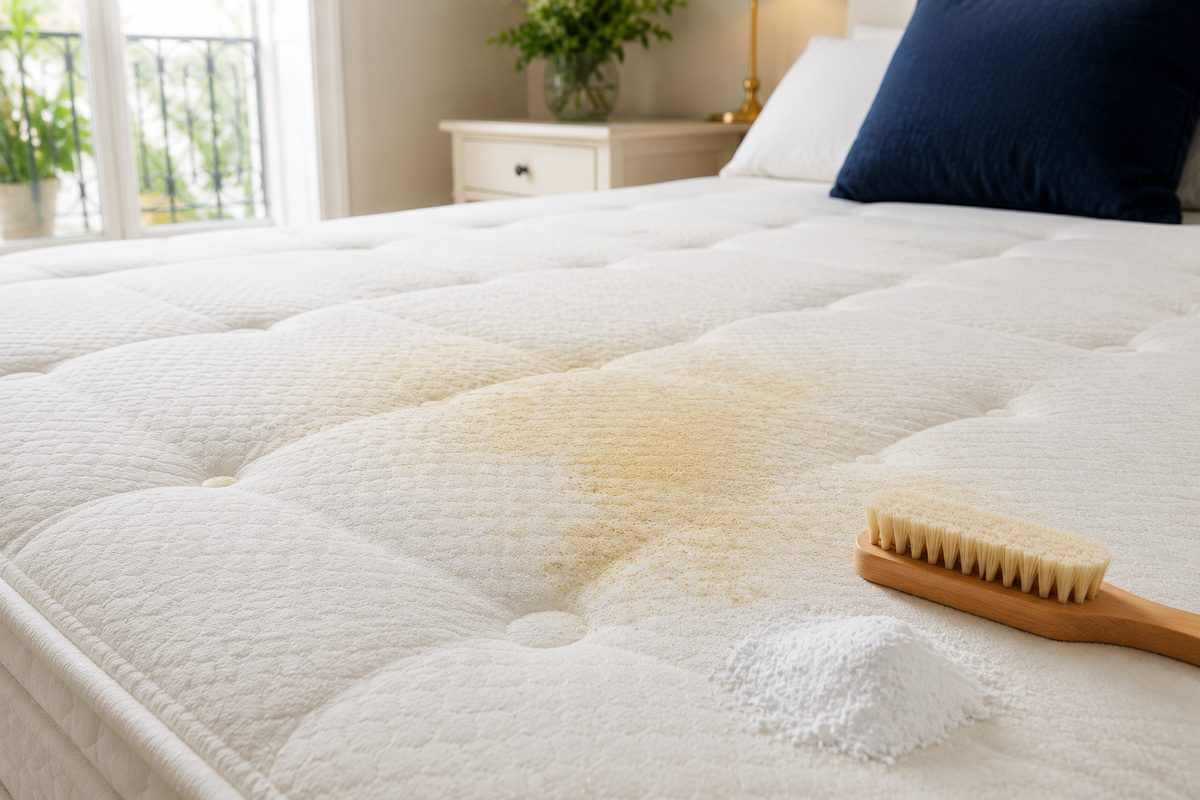 Matelas blanc présentant des auréoles jaunes de transpiration à nettoyer
