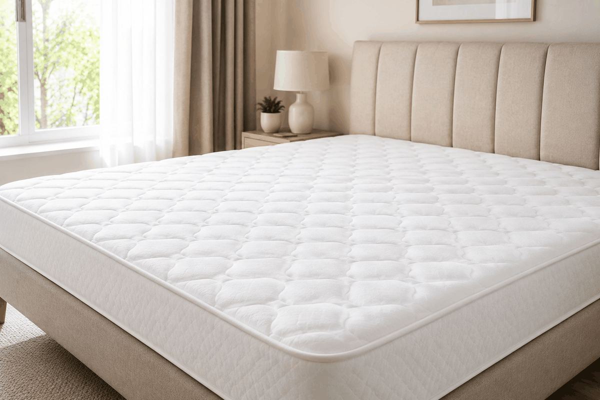 Matelas blanc propre et sec dans une chambre lumineuse après nettoyage d'une tache d'urine