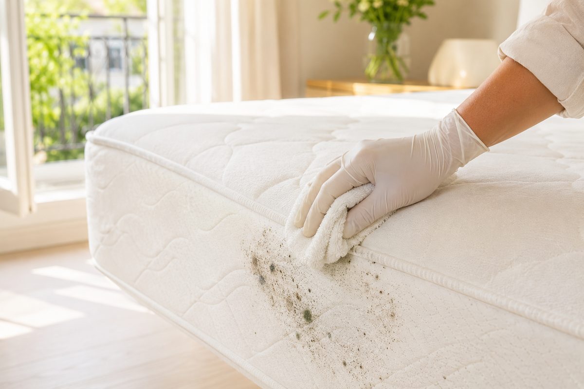 Matelas blanc symbolisant un couchage sain, sans moisissure ni taches de moisi