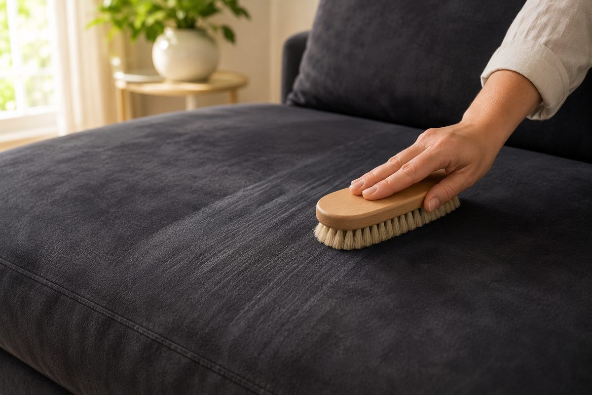 Nettoyage délicat d'un canapé en alcantara à la brosse douce dans le sens du poil