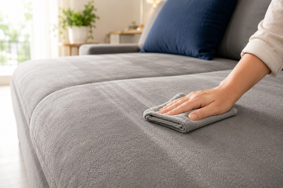 Nettoyage d'un canapé en microfibre à l'aspirateur avec un embout textile doux