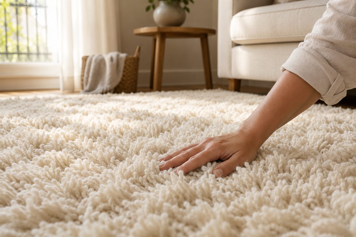 Gros plan sur les fibres d'un tapis en laine pendant un nettoyage à domicile
