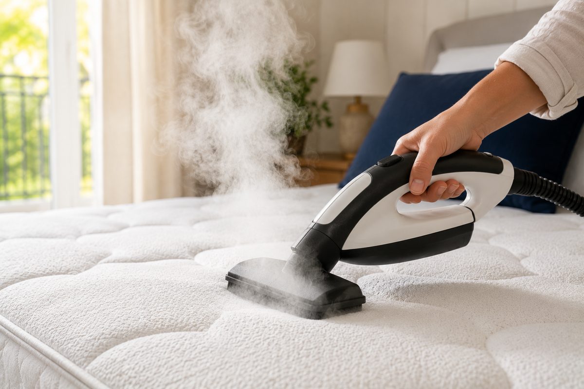 Matelas blanc propre symbolisant l'hygiène du couchage et le nettoyage à la vapeur