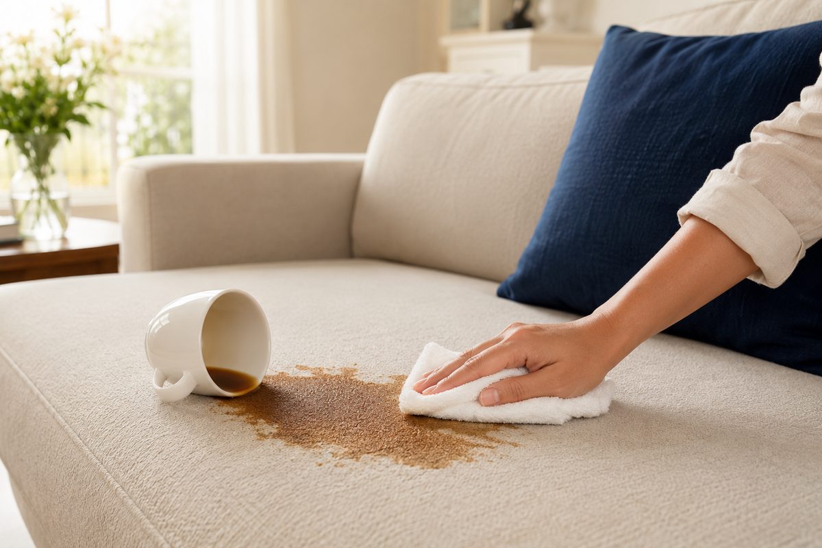 Tache de café renversée sur un canapé en tissu clair, en cours de nettoyage