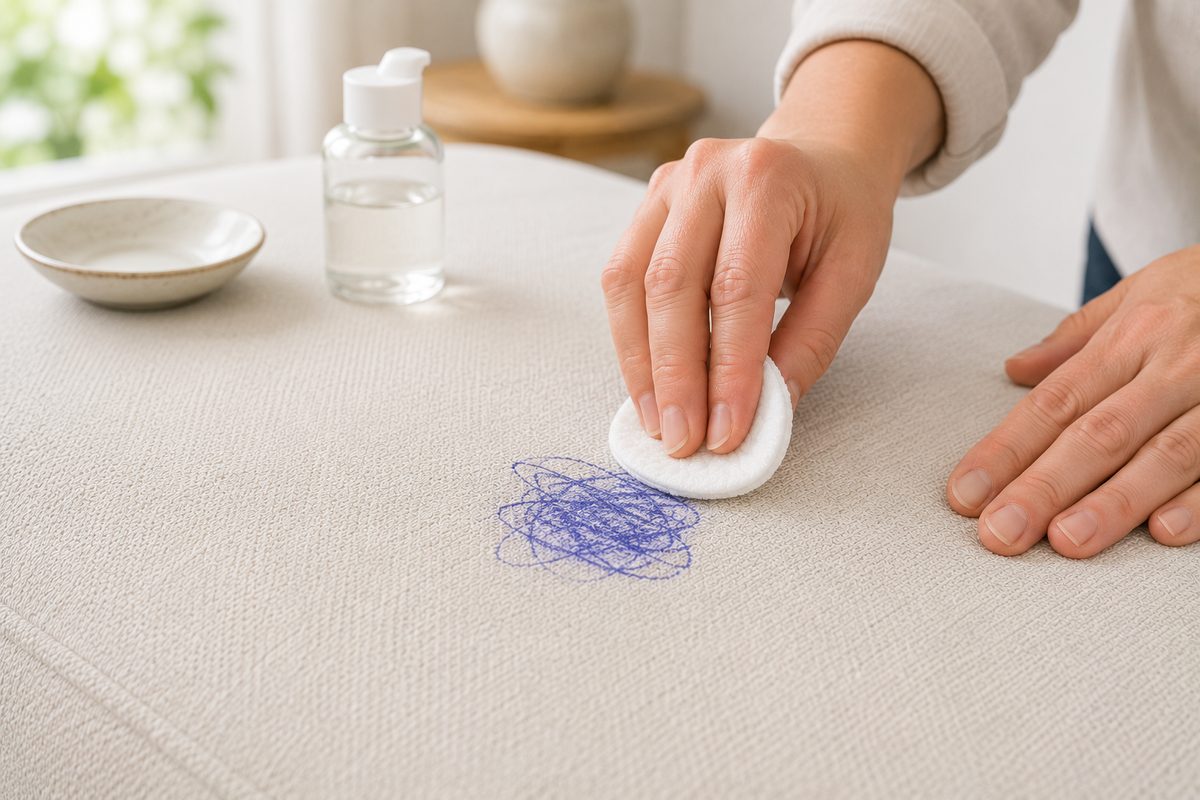 Tache de stylo bille bleu sur un tissu de canapé clair en cours de détachage