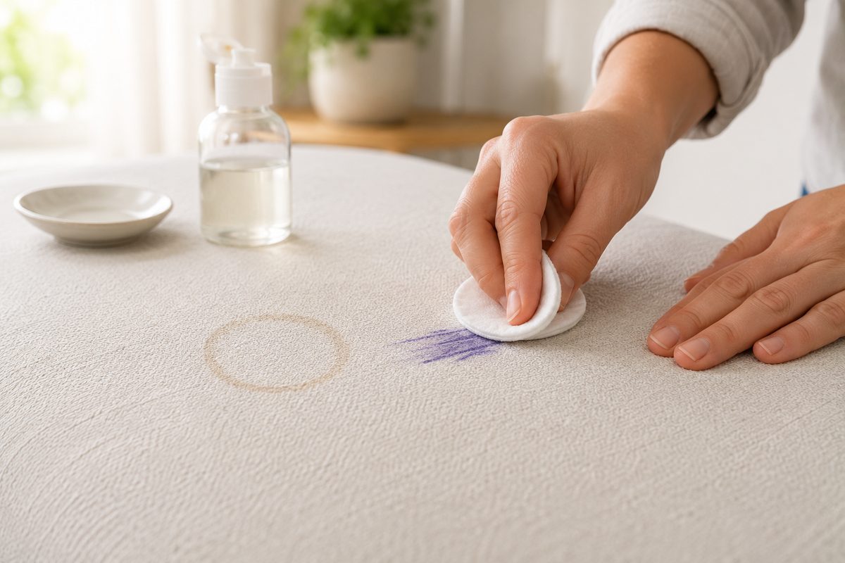 Tache de feutre sur un canapé en tissu gris en cours de détachage au coton