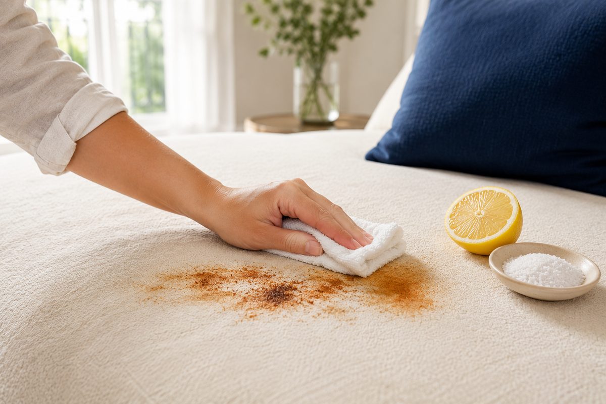 Traitement d'une tache de rouille orangée sur un tissu d'ameublement clair