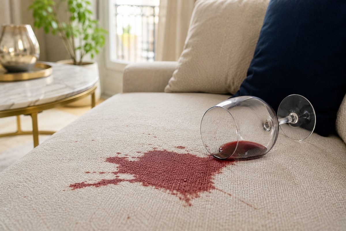 Verre de vin rouge renversé sur un canapé en tissu beige