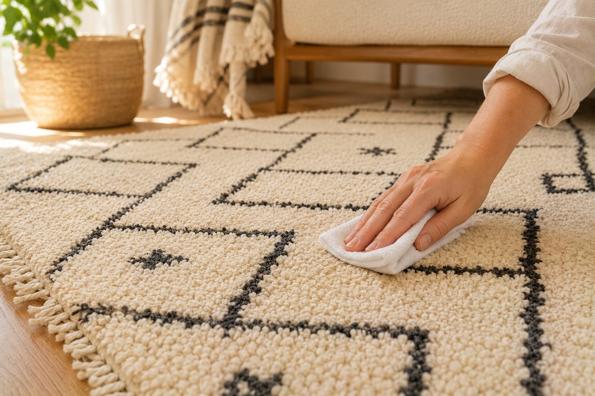 Gros plan sur les mèches en laine épaisse d'un tapis berbère