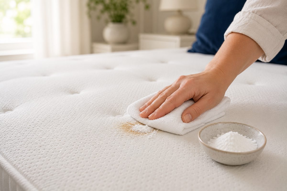 Matelas blanc propre symbolisant un couchage sain après nettoyage d'une tache de vomi