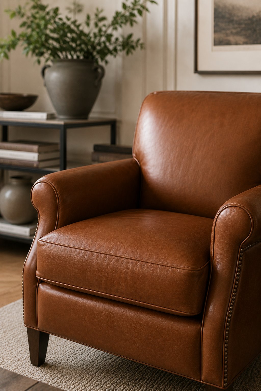 Canapé en cuir marron clair bien entretenu dans un salon lumineux