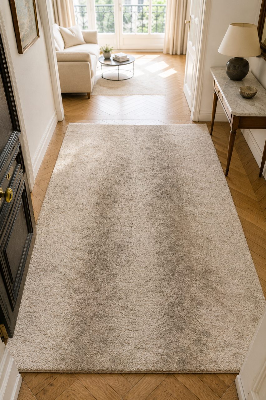 Tapis chargé de poussière et de traces de passage avant nettoyage en profondeur